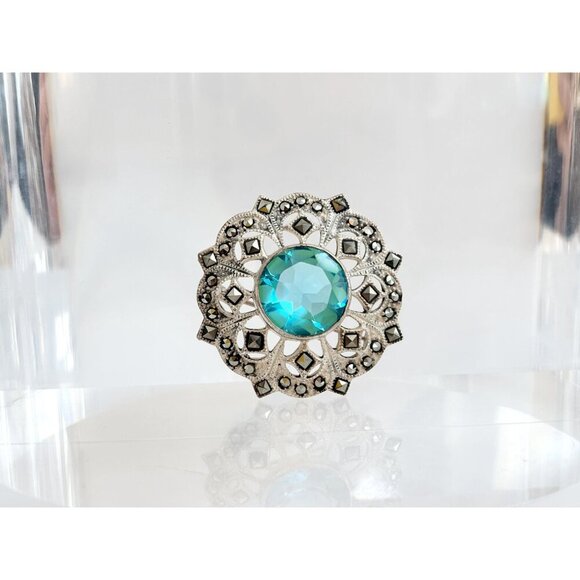 SOLD -Sterling Silver Vintage 925 Stamped Natural Marcasite & Acquamarine Brooch - Picture 3 of 9